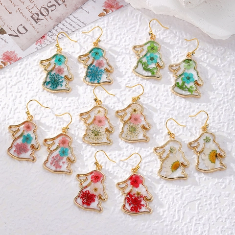 Boucles d'Oreilles Pendantes Originales Forme Lapin Avec Vraies Fleurs Séchées Résine Alliage Strass Style Pastoral Bijoux Femme