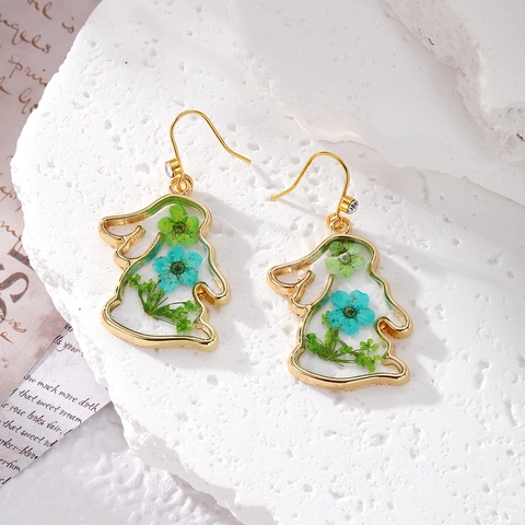 Boucles d'Oreilles Pendantes Originales Forme Lapin Avec Vraies Fleurs Séchées Résine Alliage Strass Style Pastoral Bijoux Femme