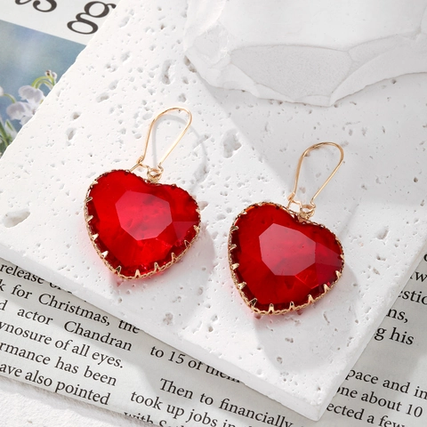 Pendientes Largos de Cristal Artificial Facetado Elegantes Forma de Corazón para Mujer Joyería de Aleación Vintage Estilo Francés