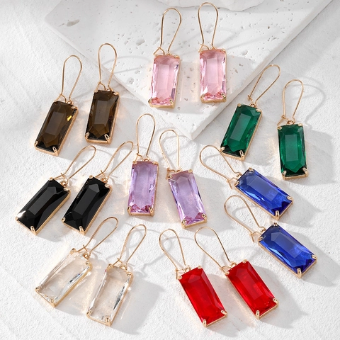 Geometric Rectangle Artificial Crystal Drop Earrings For Women Elegant Gold Plated Alloy Inlaid Rectangle Stone Dangle Earrings Fashion Jewelry Accessories