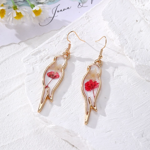 Bohemian Handmade Real Dried Flower Bird Drop Earrings Forest Style Alloy Resin Magpie Dangle Earrings For Women Floral Jewelry