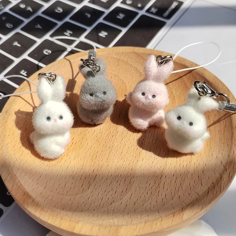 Cute Flocked Rabbit Pendant Keychain Cartoon Animal Resin Bunny Bag Charm Phone Strap Accessory For Women Daily Decoration