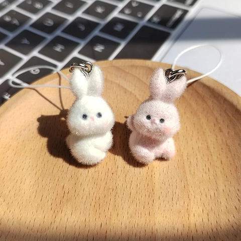 Cute Flocked Rabbit Pendant Keychain Cartoon Animal Resin Bunny Bag Charm Phone Strap Accessory For Women Daily Decoration