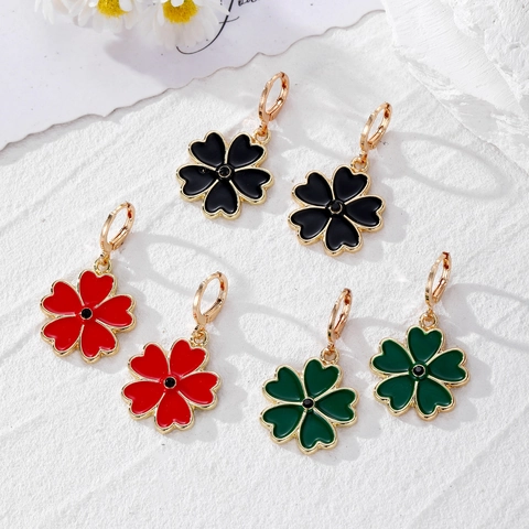 Orecchini a Cerchio di Fiori Quadrifoglio Portafortuna di Moda Lega Smalto Orecchini Pendenti Per Donna Gioielli Eleganti Placcati Oro Regalo