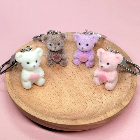 Cute Flocked Teddy Bear Keychain Plastic Resin Alloy Metal Heart Pendant For Women Girl Bag Decor Accessory Gift