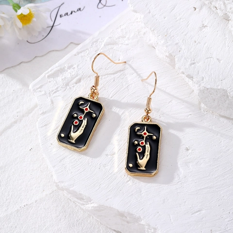 Vintage Tarot Card Style Enamel Drop Earrings Moon Star Evil Eye Rose Mystical Pattern Gold Plated Alloy Jewelry For Women