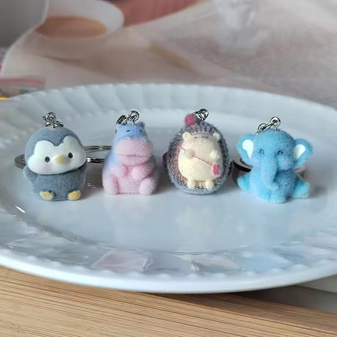 Cute Cartoon Flocked Animal Keychain Resin Penguin Elephant Hippo Hedgehog Bag Pendant For Women Kids Gift