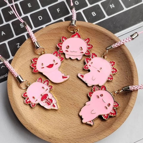 Cute Cartoon Axolotl Alloy Enamel Keychain Pink Dinosaur Animal Bag Pendant With Braided Rope Charm Phone Strap Jewelry