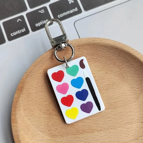 Creative Heart Palette Keychain Resin Artistic Drawing Board Pendant With Paintbrush Pattern For Artists Students Gift