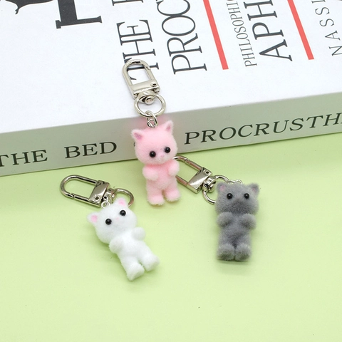 Cute Flocked Cat Keychain Simulation Mini Animal Plush Key Ring Bag Pendant For Women Girls Accessory Cat Lover Gift