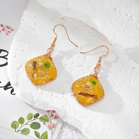 Handgemaakte Hars Gedroogde Bloem Pauwveer Hangoorbellen Met Roestvrijstalen Oorhaak Boheems Bloem Sieraden Voor Vrouwen