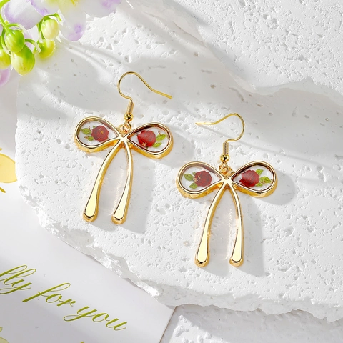 Elegant Bowknot Dangle Earrings With Simulation Dried Flowers Resin Alloy Bow Butterfly Drop Earrings For Women Jewelry Gift