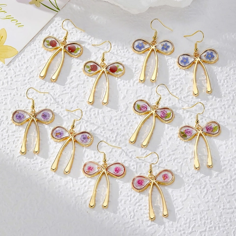 Elegant Bowknot Dangle Earrings With Simulation Dried Flowers Resin Alloy Bow Butterfly Drop Earrings For Women Jewelry Gift