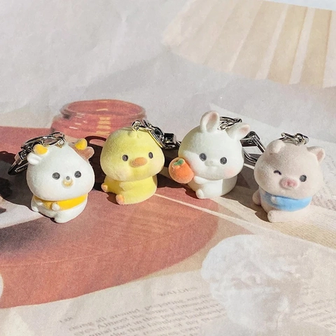 Cartoon Cute Flocked Animal Keychain Resin Yellow Duck Rabbit Bear Pig Pendant For Bag Charms Key Rings Ornaments Gift