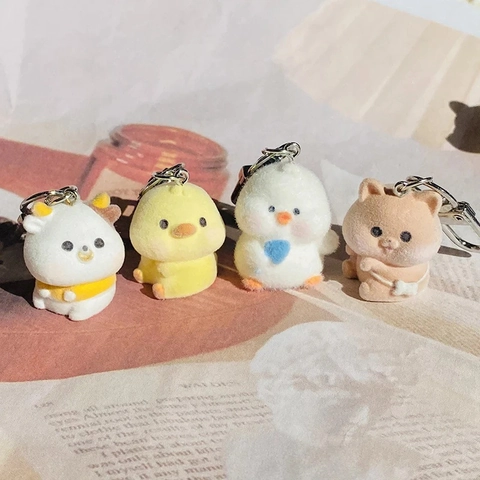 Cartoon Cute Flocked Animal Keychain Resin Yellow Duck Rabbit Bear Pig Pendant For Bag Charms Key Rings Ornaments Gift