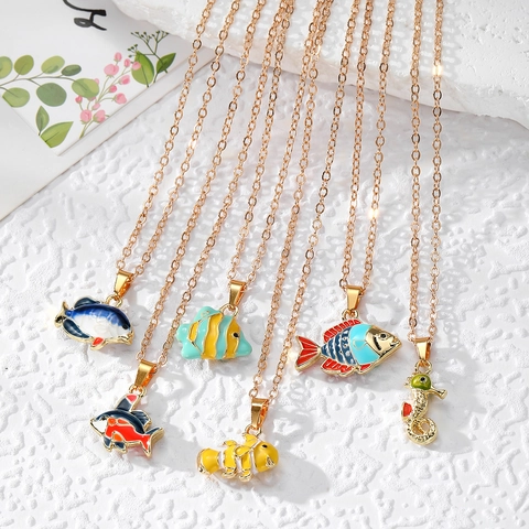 Collar de Colgante Animales Marinos Esmalte Aleación Chapado Oro Pez Tropical Tiburón Caballito de Mar Joyería para Mujer Niños