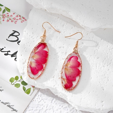 Boucles d'Oreilles Pendantes en Résine avec Fleurs Séchées Vintage Français pour Femmes Crochets en Acier Inoxydable Flocons de Feuille d'Or Bijoux
