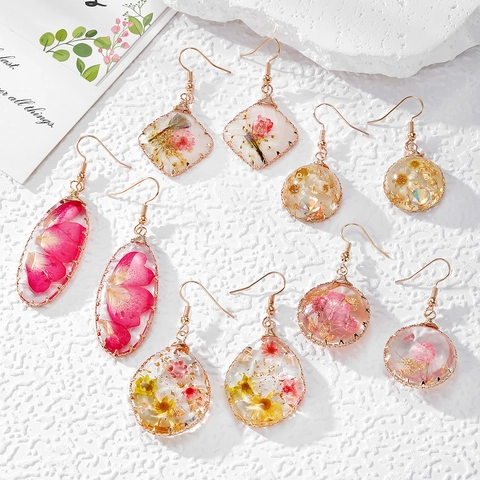 Boucles d'Oreilles Pendantes en Résine avec Fleurs Séchées Vintage Français pour Femmes Crochets en Acier Inoxydable Flocons de Feuille d'Or Bijoux