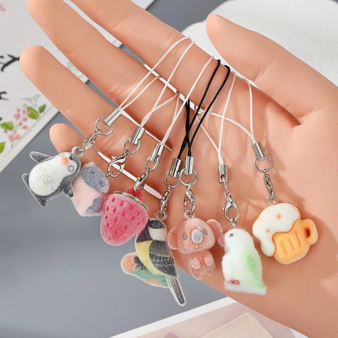 Cute Flocked Animal Resin Keychain Cute Piggy Strawberry Capybara Penguin Bird Koala Swan Pendant Phone Bag Hanging Decor