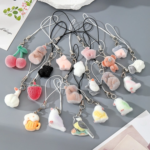 Cute Flocked Animal Resin Keychain Cute Piggy Strawberry Capybara Penguin Bird Koala Swan Pendant Phone Bag Hanging Decor