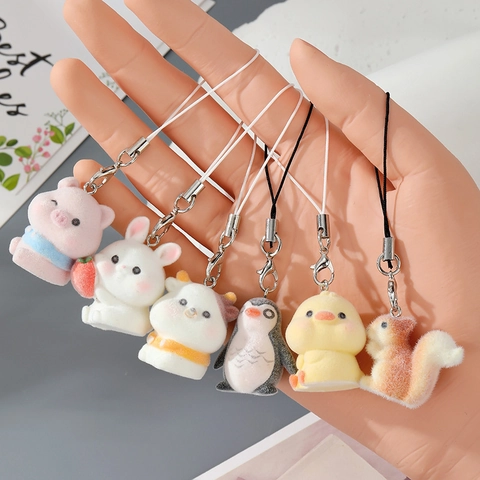 Cute Flocked Resin Animal Keychain Charm Mini Panda Pig Rabbit Pendant Bag Decor Phone Strap Accessory For Women Girls Gift