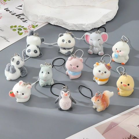 Cute Flocked Resin Animal Keychain Charm Mini Panda Pig Rabbit Pendant Bag Decor Phone Strap Accessory For Women Girls Gift