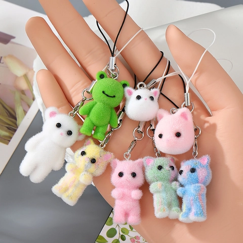 Cartoon Beflockt Harz Tier Schlüsselanhänger Niedliche Katze Fuchs Hase Bär Anhänger Handy Charm Tasche Hängende Deko Geschenk Damen