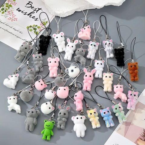Cartoon Beflockt Harz Tier Schlüsselanhänger Niedliche Katze Fuchs Hase Bär Anhänger Handy Charm Tasche Hängende Deko Geschenk Damen
