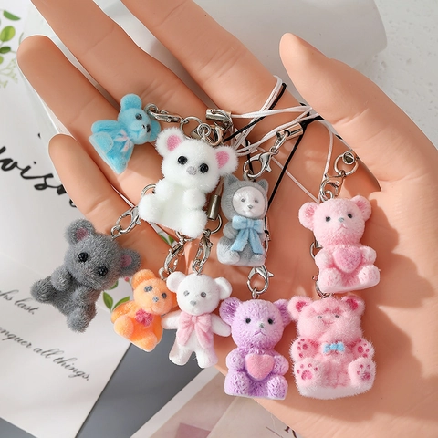Flocking Resin Bear Animal Keychain Cute Cartoon Plush Phone Chain For Bag Decoration Women Kids Fashion Accessory