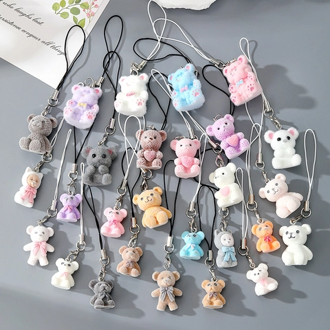 Flocking Resin Bear Animal Keychain Cute Cartoon Plush Phone Chain For Bag Decoration Women Kids Fashion Accessory