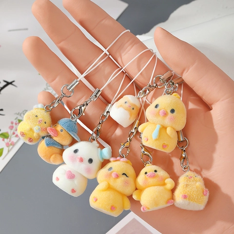 Cute Flocked Resin Animal Keychain For Women Kids Yellow Duck White Rabbit Bag Pendant Cartoon Key Ring Gift