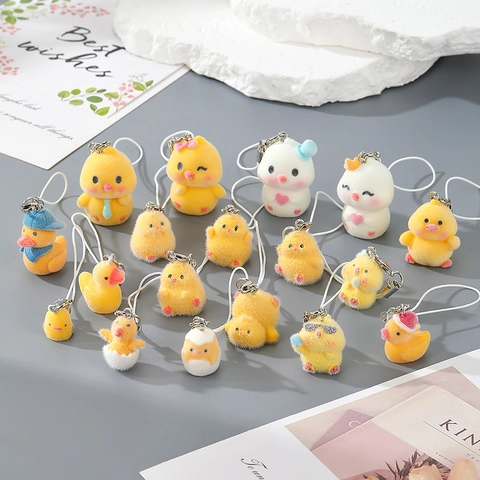 Cute Flocked Resin Animal Keychain For Women Kids Yellow Duck White Rabbit Bag Pendant Cartoon Key Ring Gift