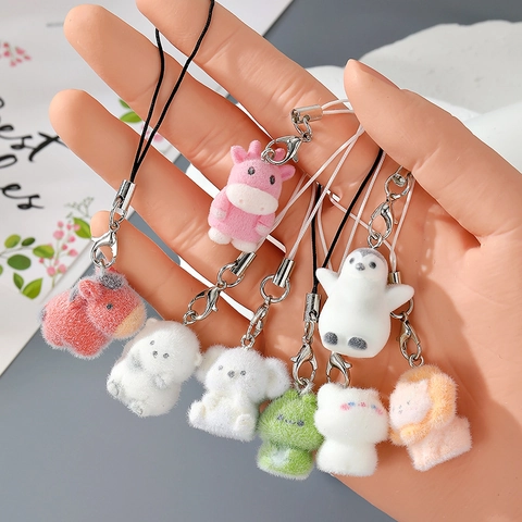 Miniature Animal Flocking Keychain Pendant Cute Resin Panda Penguin Bear Lion Koala Bag Phone Charm Accessory Gift