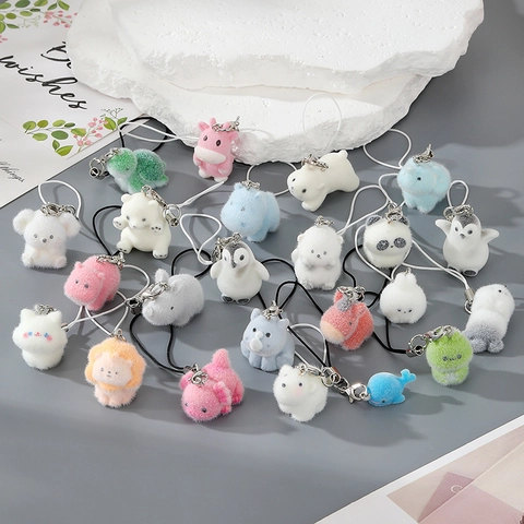 Miniature Animal Flocking Keychain Pendant Cute Resin Panda Penguin Bear Lion Koala Bag Phone Charm Accessory Gift