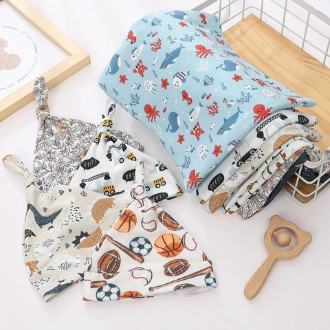 Newborn Baby Swaddle Blanket And Knot Hat Set Cotton Polyester Printed Soft Receiving Blanket For Infants Toddlers Shower Gift