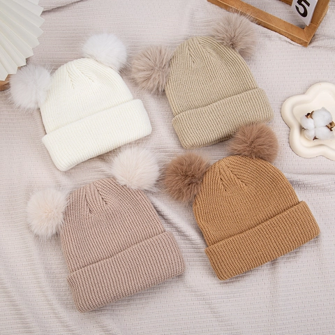Kids Acrylic Double Pom Pom Knit Beanie Hat For Toddler Boys Girls Warm Winter Solid Color Ribbed Soft Skull Cap