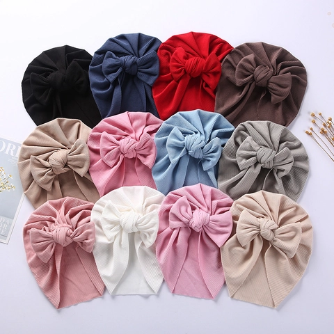 Baby Rippenbaumwolle Turban-Hut Mit Großer Schleife Weiche Gestrickte Säugling Kleinkind Beanie Kopftuch Hut Fotografie