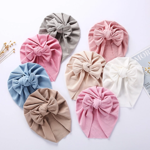 Baby Rippenbaumwolle Turban-Hut Mit Großer Schleife Weiche Gestrickte Säugling Kleinkind Beanie Kopftuch Hut Fotografie