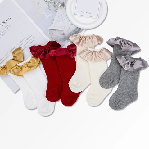 Chaussettes Mi-mollet Douces à Volants en Satin pour Bébés Filles Polyester Respirant Style Princesse Nouveau-né