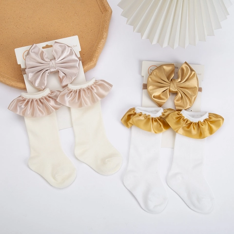 Combinazione di Calzini con Volant e Fascia per Capelli con Grande Fiocco in Raso per Neonata Accessori per Fotografia Neonatale