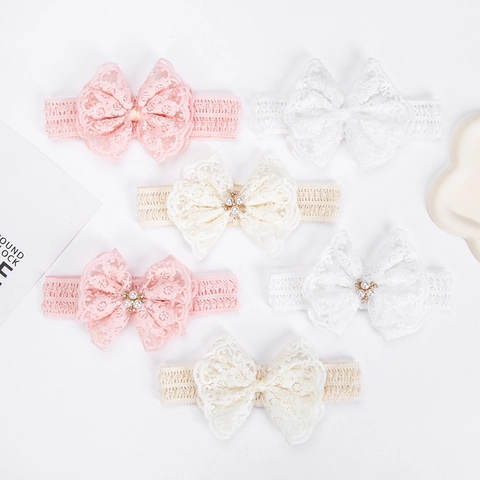 Diadema con Lazo de Encaje para Bebés Niñas Banda Elástica de Algodón Con Perla Artificial de Imitación Strass Accesorios para el Cabello de Princesa