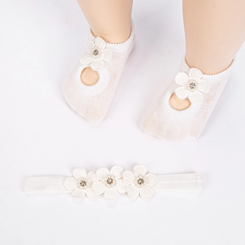 Newborn Baby Girl White Flower Headband And Knit Socks Baptism Gift With Faux Artificial Pearls Rhinestones Elegant Princess Hair Accessories