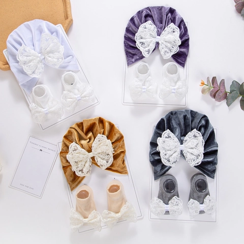 Cappello Turban in Velluto per Neonati e Calzini in Cotone Con Grande Fiocco in Pizzo per Neonati Accessori per Fotografia Dolce
