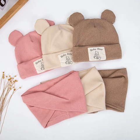 Baby Bear Ear Knitted Hat And Scarf Warm Faux Cashmere Pullover Beanie Windproof Winter Skull Cap For Infants Toddlers