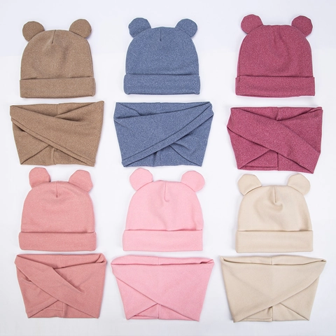 Infant Baby Beanie Hat And Scarf Set Cute Bear Ears Knitted Warm Winter Polyester Solid Color Cap For Newborn Toddler