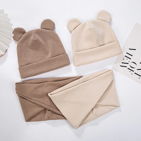 Infant Baby Beanie Hat And Scarf Set Cute Bear Ears Knitted Warm Winter Polyester Solid Color Cap For Newborn Toddler