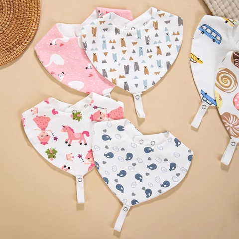 Baby 5-Layer Cotton Gauze Bandana Bib With Teether Buckle Cartoon Printed Infant Waterproof Saliva Towel Toddler Bibs
