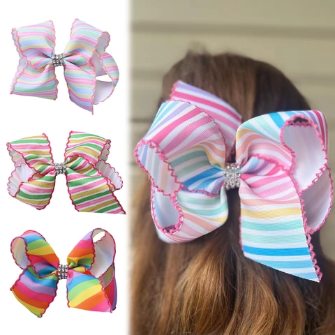 Dolce Ragazze Arcobaleno Strisce Floreale Stampa Grande Fiocco Fermaglio Tessuto Strass Clip a Coccodrillo Bordo a Onde Accessori Capelli