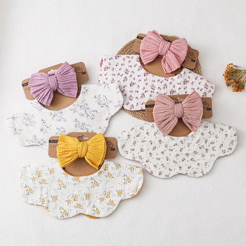 Korean Style Baby Bib and Headband Set Printed Muslin Cotton Absorbent Saliva Towel Bow Headwrap For Newborn Feeding Infant