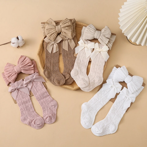 Baby Meisje Strik Hoofdband En Ajour Gebreide Kniekousen Set Katoen Ademende Baby Sokken Accessoires Cadeau Voor Fotografie